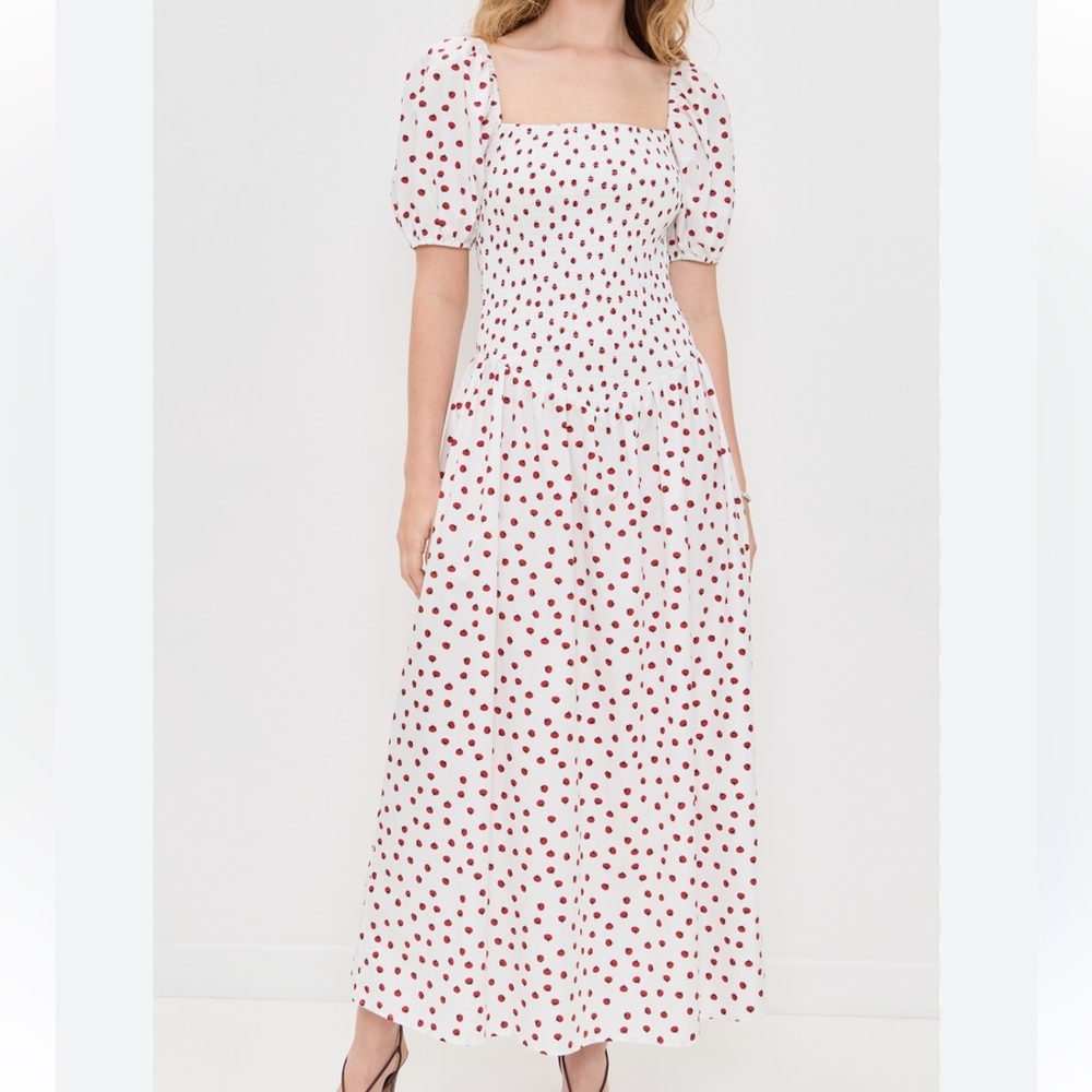 Smocked Square-Neck Midi Dress in White with Red Polka Dot
